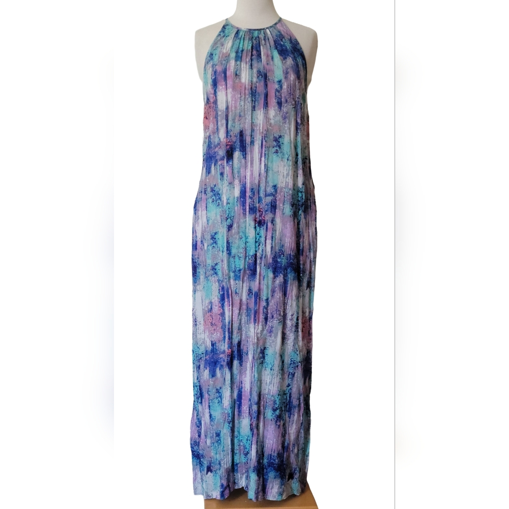 A.n.a 100% Rayon Watercolor Halter Pocket Vacation Zip Maxi Dress